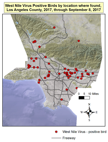 2017 map Dead Birds with WNV in LA County through Sept 8