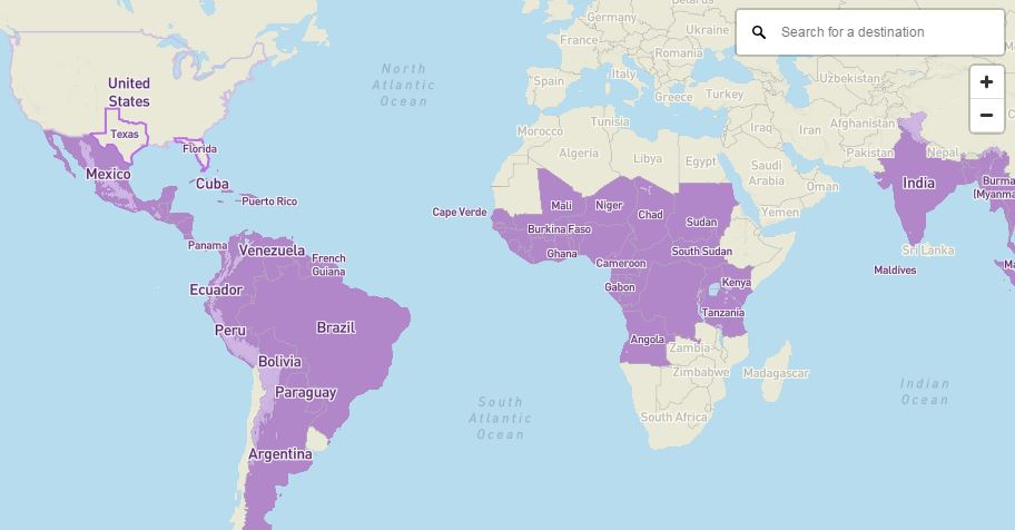 Map of locations with risk of Zika