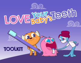 Three smiling, animated characters. One character is holding a toothbrush. Another is wiping the other one’s gums.