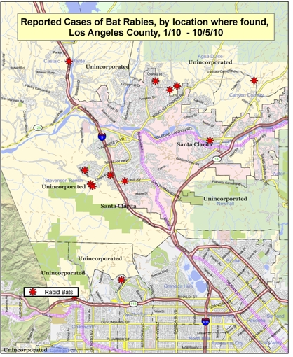 2010 map of rabid bats in Santa Clarita