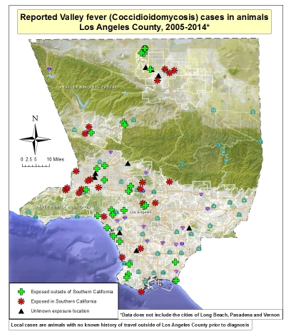 Map of Animal Cocci cases in Los Angeles County 2005-2014