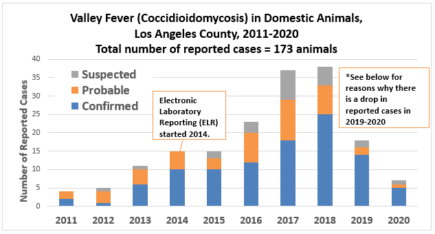 chart showing numbers of cases of valley fever in domestic animals in Los Angeles County from 2011-2020