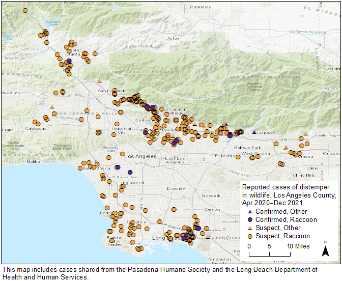 Map showing reported locations of distemper confirmed and suspect wildlife in Los Angeles County from April 2020 to December 7, 2021