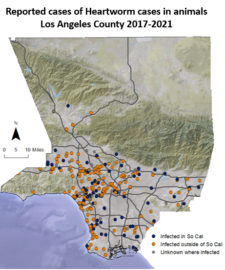 map of heartworm cases in animals in LA County 2017-2021