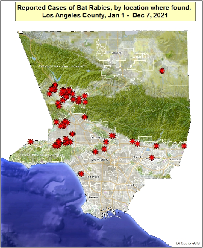 Map showing reported locations of rabid bats in Los Angeles County from January 1 to December 8, 2021