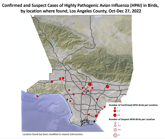 map showing suspect and confirmed cases of Highly Pathogenic Avian Influenza in birds in Los Angeles County from January to December 27, 2022
