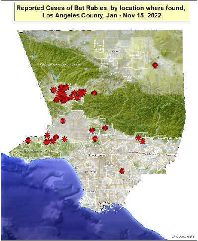 map showing reported locations of rabid bats in Los Angeles County from January to November 15, 2022