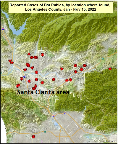 map showing reported locations of rabid bats in the Santa Clarita area of Los Angeles County from January to November 15, 2022