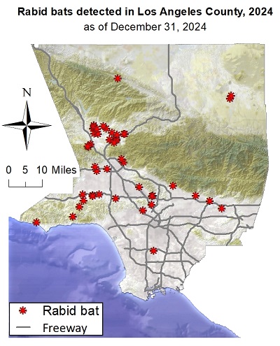 map showing locations of rabid bats reported in Los Angeles County from January 1 to July 23, 2024