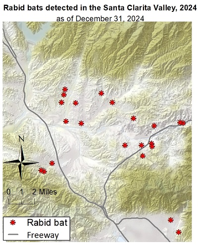 map showing locations of rabid bats reported in the Santa Clarita area of Los Angeles County from January 1 to July 23, 2024