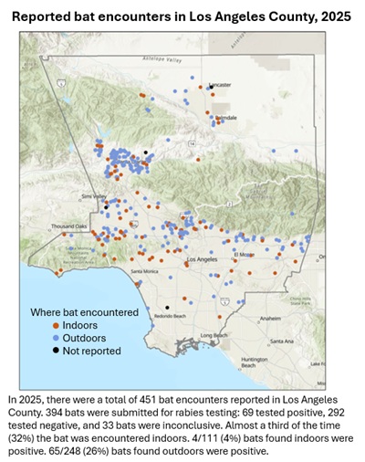 2025 Los Angeles County Bat encounters map - indoors vs outdoors
