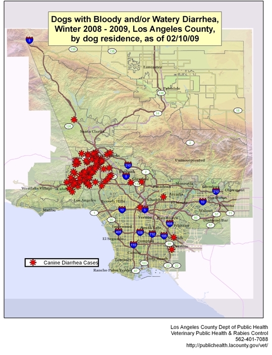 Map showing clustering of dogs with HGE in the western San Fernando Valley